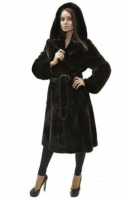 полушубок-пальто под пояс из норки блэклама (blackglama) с капюшоном - 01101 от интернет-магазина «Dynasty» 