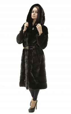 полушубок пальто прямое из норки черный с капюшоном - 01069 от интернет-магазина «Dynasty» 
