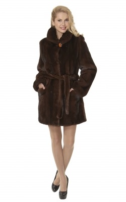 полушубок-пальто под пояс из норки с воротом апаш - 01141 от интернет-магазина «Dynasty» 