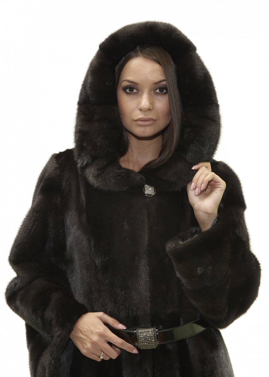 полушубок пальто из черной норки блэклама (blackglama) с капюшоном - 01057 от интернет-магазина «Династия»