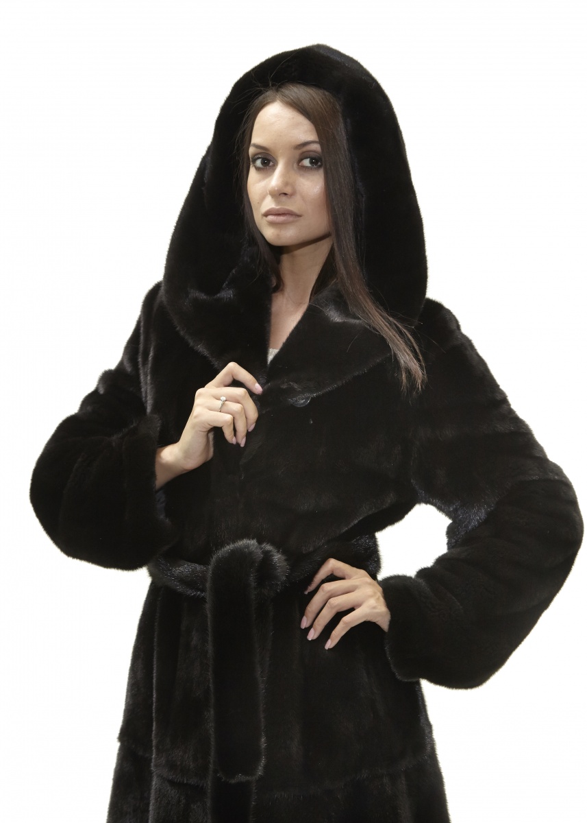 полушубок-пальто под пояс из норки блэклама (blackglama) с капюшоном - 01101 от интернет-магазина «Династия»