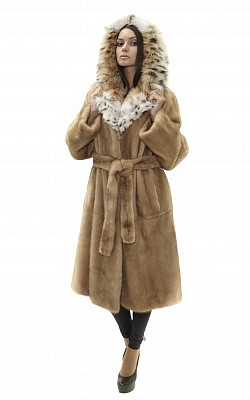 полушубок прямое пальто из светлой норки с капюшоном из рыси - 01079 от интернет-магазина «Dynasty» 