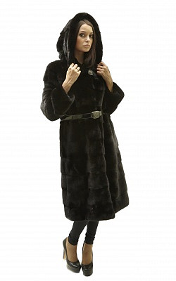 полушубок-пальто прямое из черной норки с капюшоном - 01068 от интернет-магазина «Dynasty» 