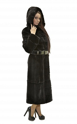 шуба-пальто под пояс из норки блэклама (blackglama) с капюшоном длинная - 01012 от интернет-магазина «Dynasty» 