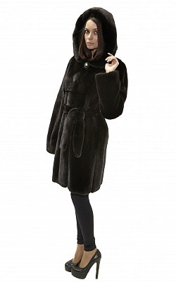полушубок-пальто под пояс черный из норки блэклама (blackglama) с капюшоном - 01058 от интернет-магазина «Dynasty» 