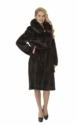 шуба-пальто под пояс из норки с капюшоном под пояс цвета махагон - 01153 от интернет-магазина «Dynasty» 