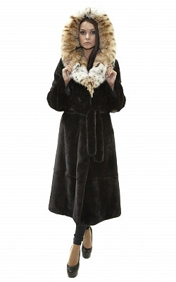 шуба-пальто под пояс из норки блэклама (blackglama) с капюшоном из рыси - 01097 от интернет-магазина «Dynasty» 