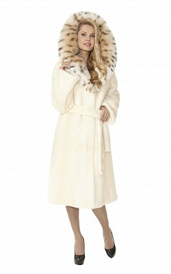 шуба-пальто под пояс из светлой норки с капюшоном из рыси - 01203 от интернет-магазина «Dynasty» 