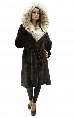 полушубок-пальто под пояс из черной норки блэклама (blackglama) с капюшоном из рыси - 01095 от интернет-магазина «Dynasty» 